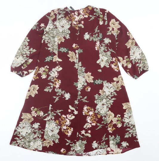 Stradivarius Womens Red Floral Polyester A-Line Size S V-Neck Pullover