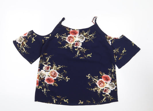 SheIn Womens Blue Floral Polyester Jersey Blouse Size M Square Neck