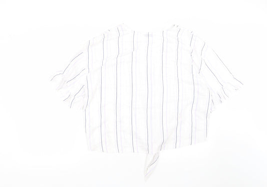 Matalan Womens White Striped Viscose Cropped Button-Up Size 18 V-Neck