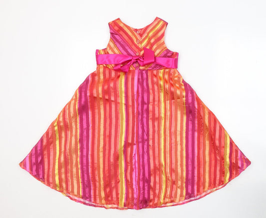 Back view of TU women’s pink striped polyester fit & flare, size UK 6, round neck button