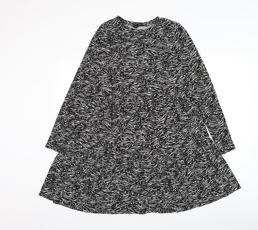 F&F Womens Black Animal Print Viscose Trapeze & Swing Size 10 Round Neck Pullover