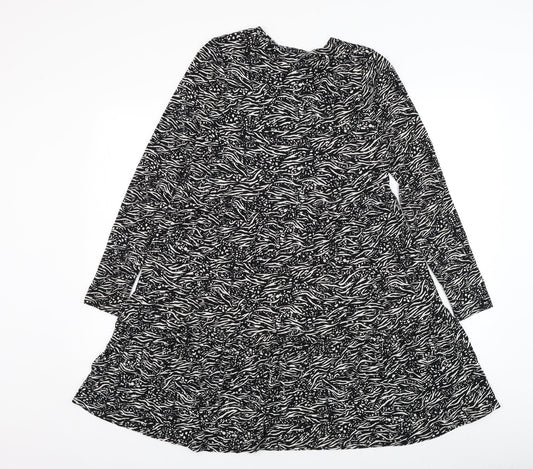 F&F Womens Black Animal Print Viscose Trapeze & Swing Size 10 Round Neck Pullover