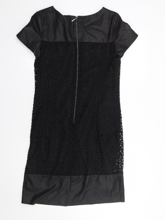 Marks and Spencer Womens Black Floral Polyester A-Line Size 12 Round Neck Zip
