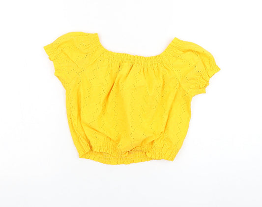 H&M Womens Yellow Cotton Cropped Blouse Size 8 Round Neck