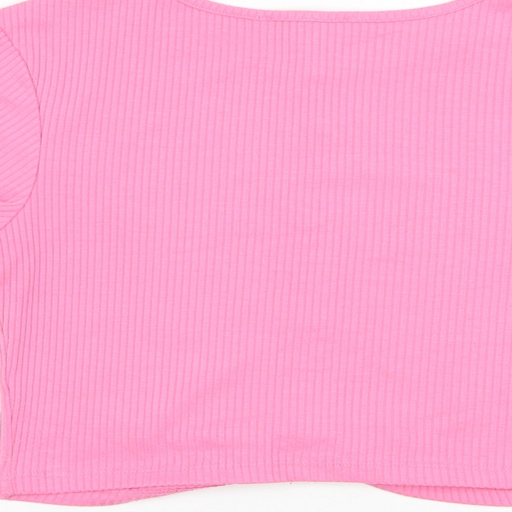 Primark Womens Pink Polyester Cropped T-Shirt Size 6 Round Neck