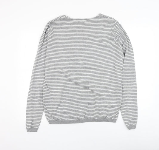 Marks and Spencer Mens Grey Round Neck Striped Cotton Pullover Jumper Size M