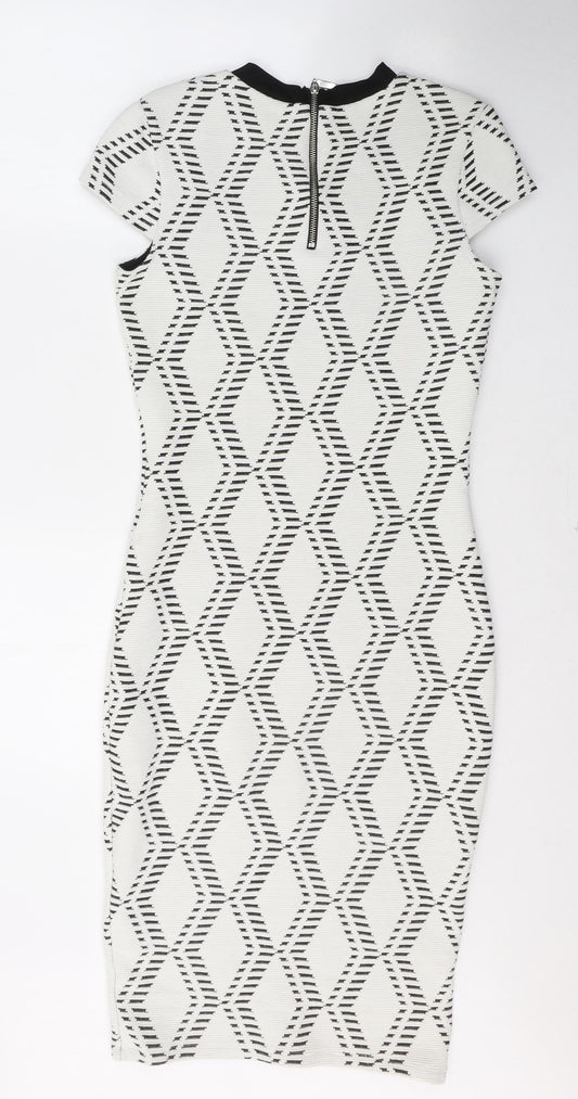 River Island Womens White Geometric Cotton A-Line Size 10 Round Neck Zip
