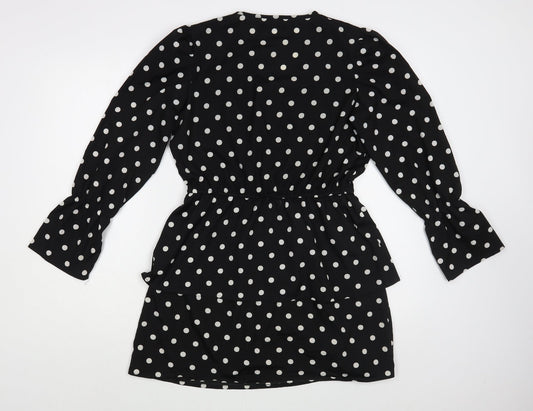 Boohoo Womens Black Polka Dot Polyester Fit & Flare Size 10 V-Neck Pullover