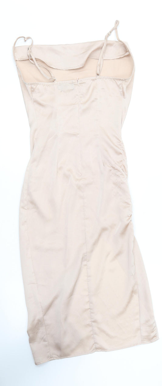 PRETTYLITTLETHING Womens Gold Polyester Slip Dress Size 4 Square Neck