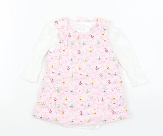Mini Club Girls Pink Geometric Cotton Pinafore/Dungaree Dress Size 3-6 Months Round Neck Button - 2 Piece set