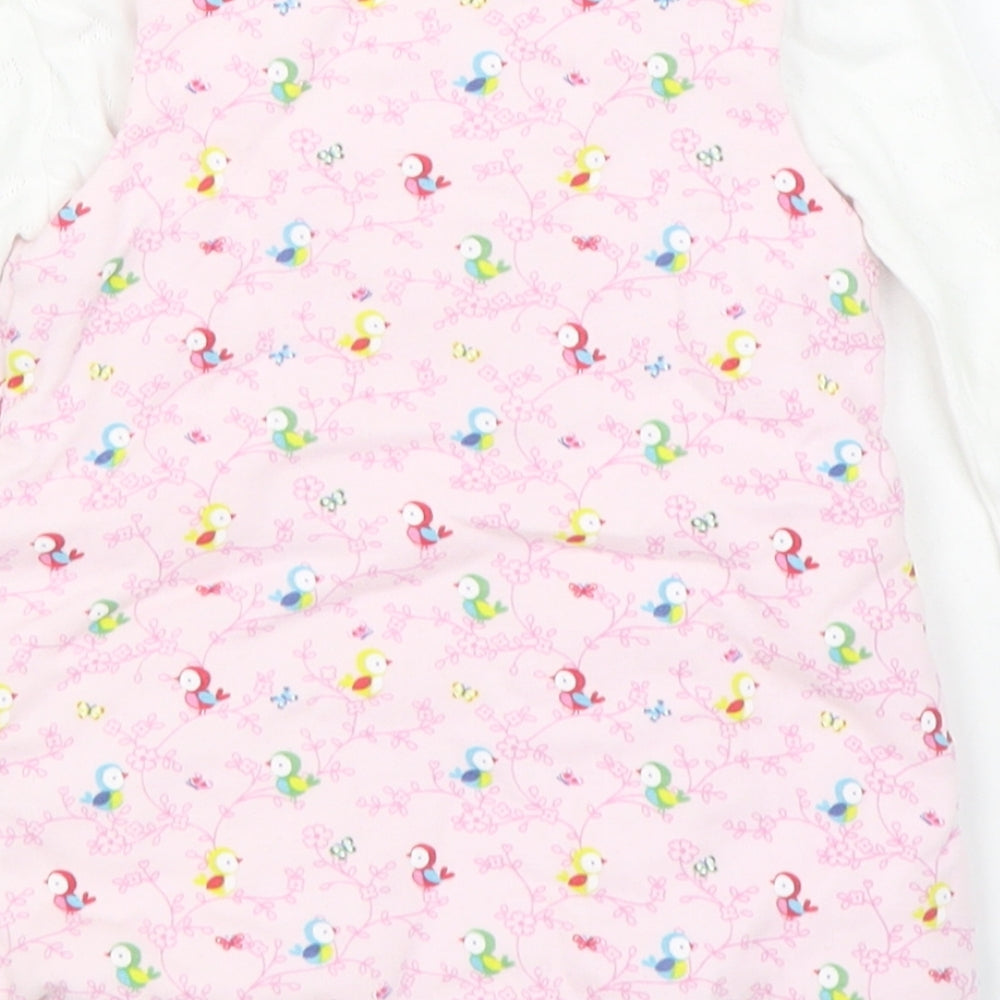 Mini Club Girls Pink Geometric Cotton Pinafore/Dungaree Dress Size 3-6 Months Round Neck Button - 2 Piece set