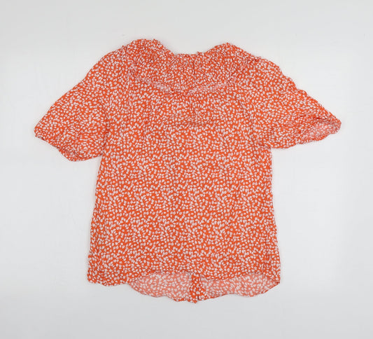 M&S Womens Orange Geometric Viscose Basic Button-Up Size 6 Round Neck