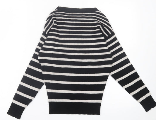 F&F Womens Black Crew Neck Striped Polyester Pullover Jumper Size 6