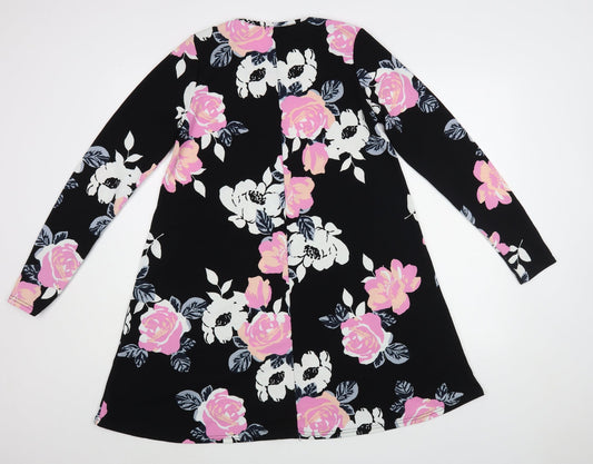 Quiz Womens Black Floral Polyester A-Line Size 12 Round Neck Pullover