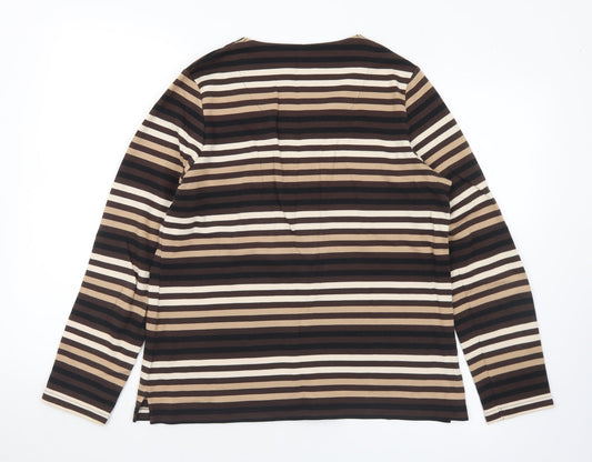DASH Womens Brown V-Neck Striped Cotton Pullover Jumper Size 12