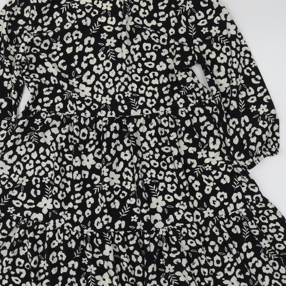 Primark Womens Black Geometric Polyester Skater Dress Size 4 V-Neck