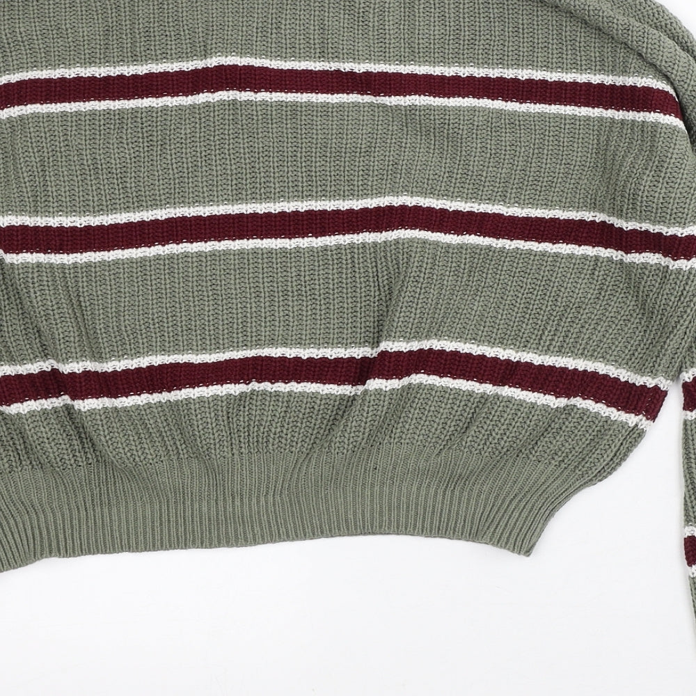 Ambiance Apparel Womens Green Mock Neck Striped Cotton Pullover Jumper Size L - Cropped