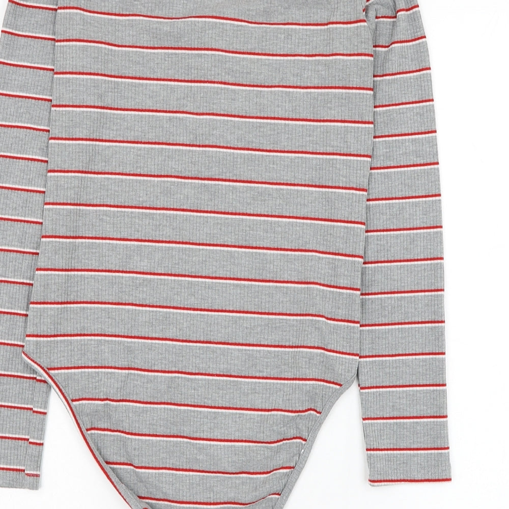 SheIn Womens Grey Striped Cotton Bodysuit One-Piece Size M Hook & Loop