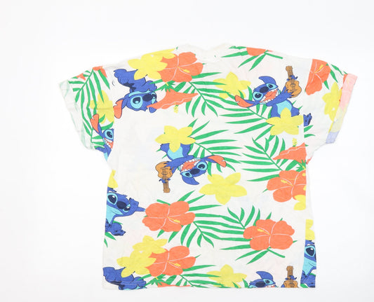 Primark Womens White Geometric Cotton Basic T-Shirt Size 4 Round Neck - Stitch