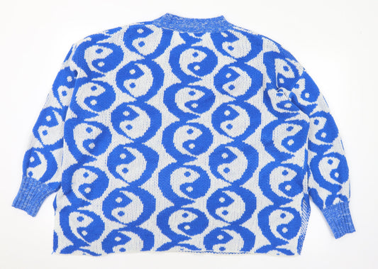 SheIn Womens Blue Mock Neck Geometric Acrylic Henley Jumper Size L - Yin Yang