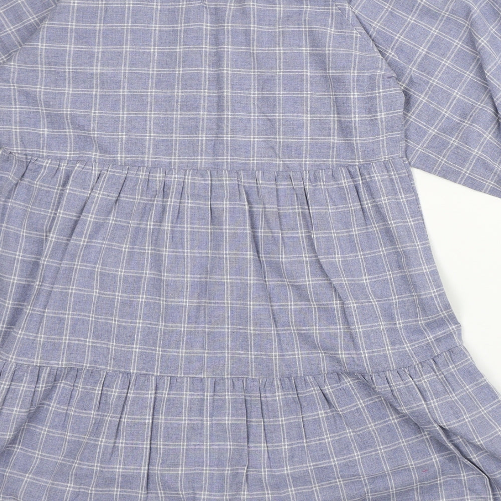 Primark Womens Blue Plaid 100% Cotton A-Line Size 8 Scoop Neck
