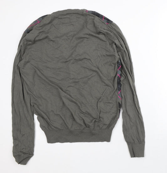 River Island Mens Green V-Neck Geometric Cotton Cardigan Jumper Size L