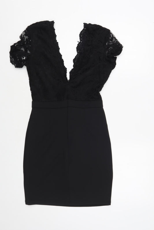 Missguided Womens Black Polyester Bodycon Size 8 V-Neck Zip - Lace Detail