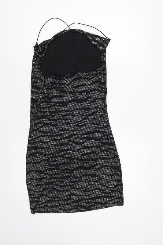 H&M Womens Black Animal Print Nylon Bodycon Size S Cowl Neck Pullover