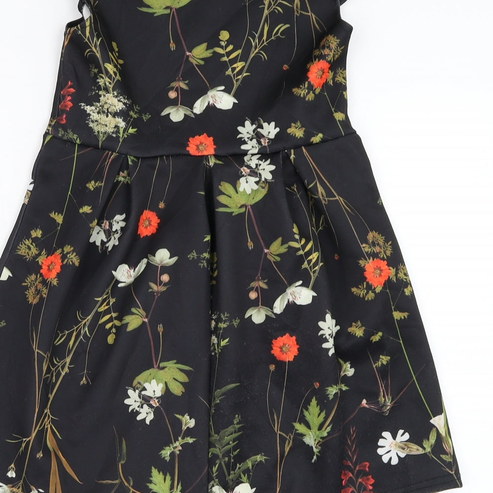 Want That Trend Girls Black Floral Polyester Skater Dress Size 6-7 Years Round Neck Pullover