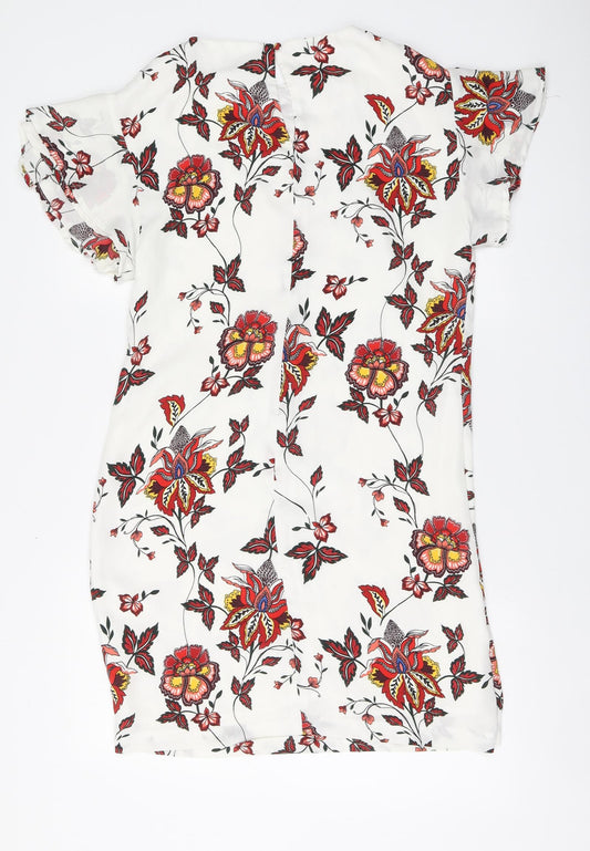 H&M Womens White Floral Polyester A-Line Size 8 Round Neck