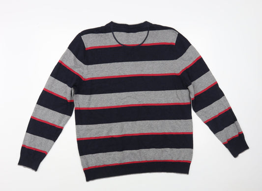 Atlantic Bay Mens Grey V-Neck Striped Cotton Pullover Jumper Size L