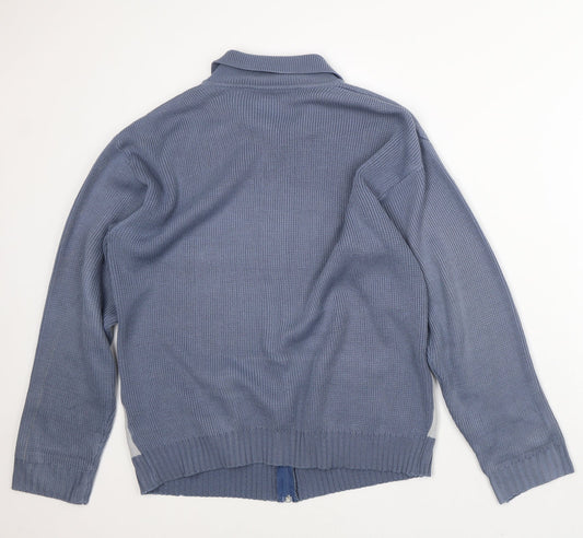 Premier Mens Blue Collared Striped Acrylic Full Zip Jumper Size M