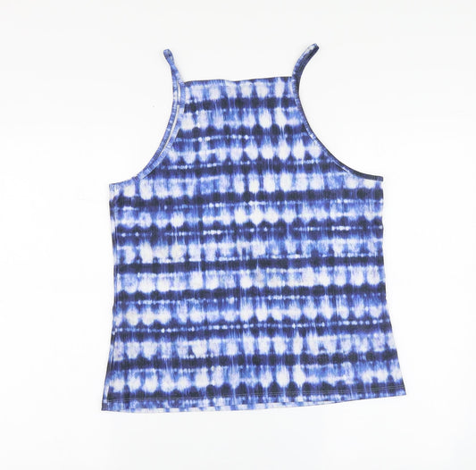 Papaya Womens Blue Geometric Polyester Basic T-Shirt Size 10 Square Neck