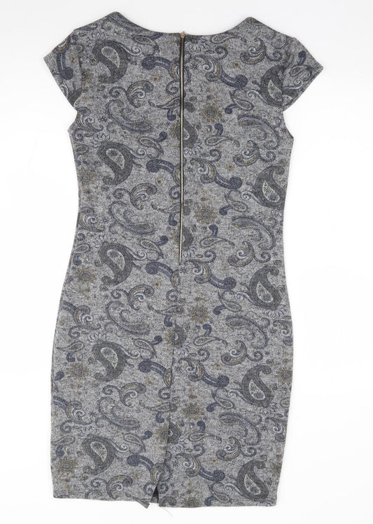 Izabel London Womens Grey Paisley Polyester Pencil Dress Size 10 Round Neck Zip