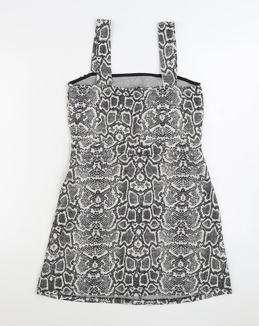 F&F Womens Grey Animal Print Polyester Pinafore/Dungaree Dress Size 10 Square Neck Pullover