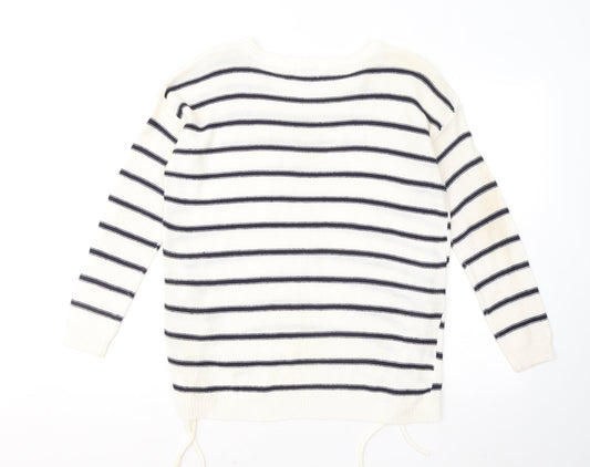 Lottie Womens White Round Neck Striped Acrylic Pullover Jumper Size 12