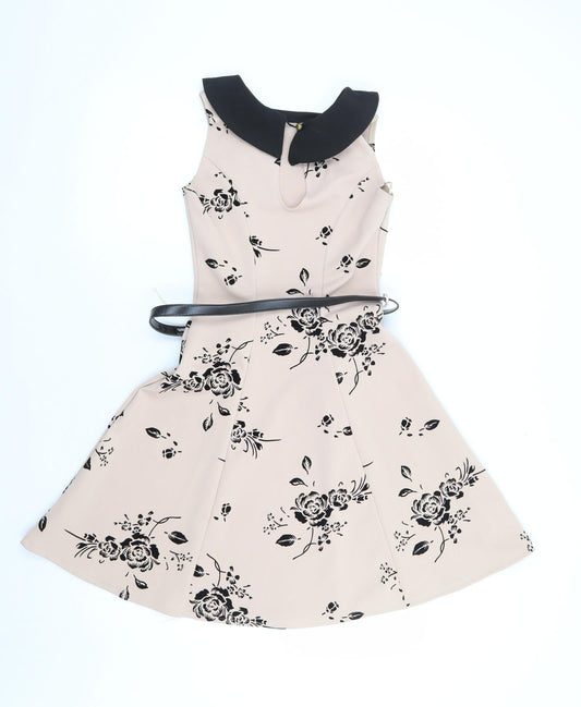 Quiz Womens Beige Floral Polyester Fit & Flare Size 8 Collared Pullover