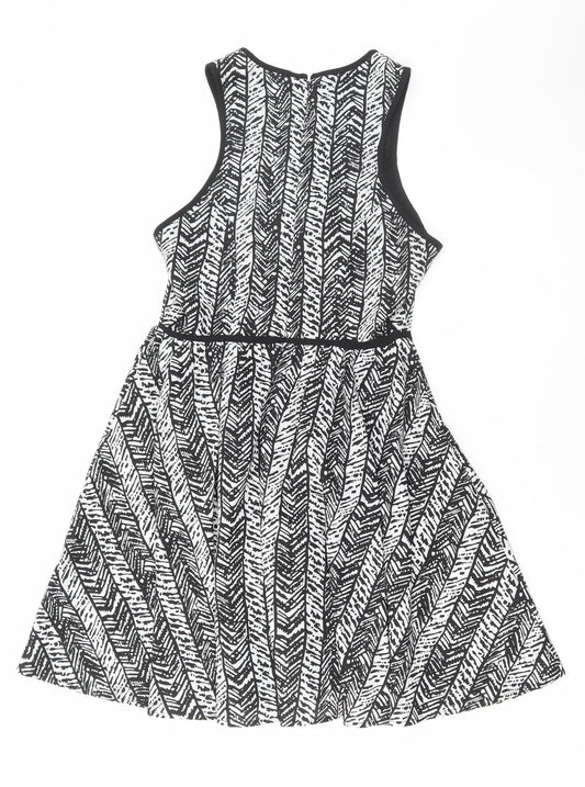Topshop Womens Black Geometric Polyester Skater Dress Size 10 Round Neck