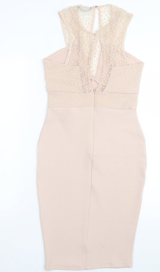 TFNC Womens Beige Polka Dot Polyester Bodycon Size M Crew Neck Button