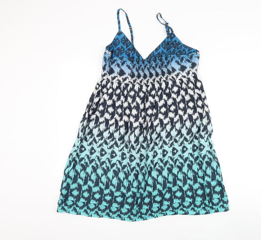 Peacocks Womens Blue Geometric Cotton Shift Size S V-Neck Pullover