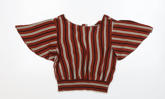 FOREVER 21 Womens Brown Striped Polyester Cropped Blouse Size S V-Neck