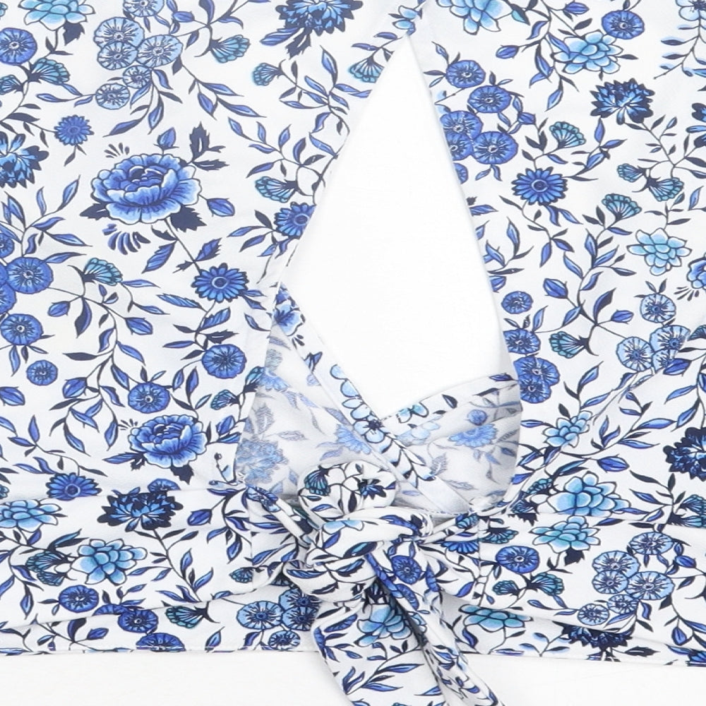 H&M Womens Blue Floral Polyester Cropped T-Shirt Size S V-Neck
