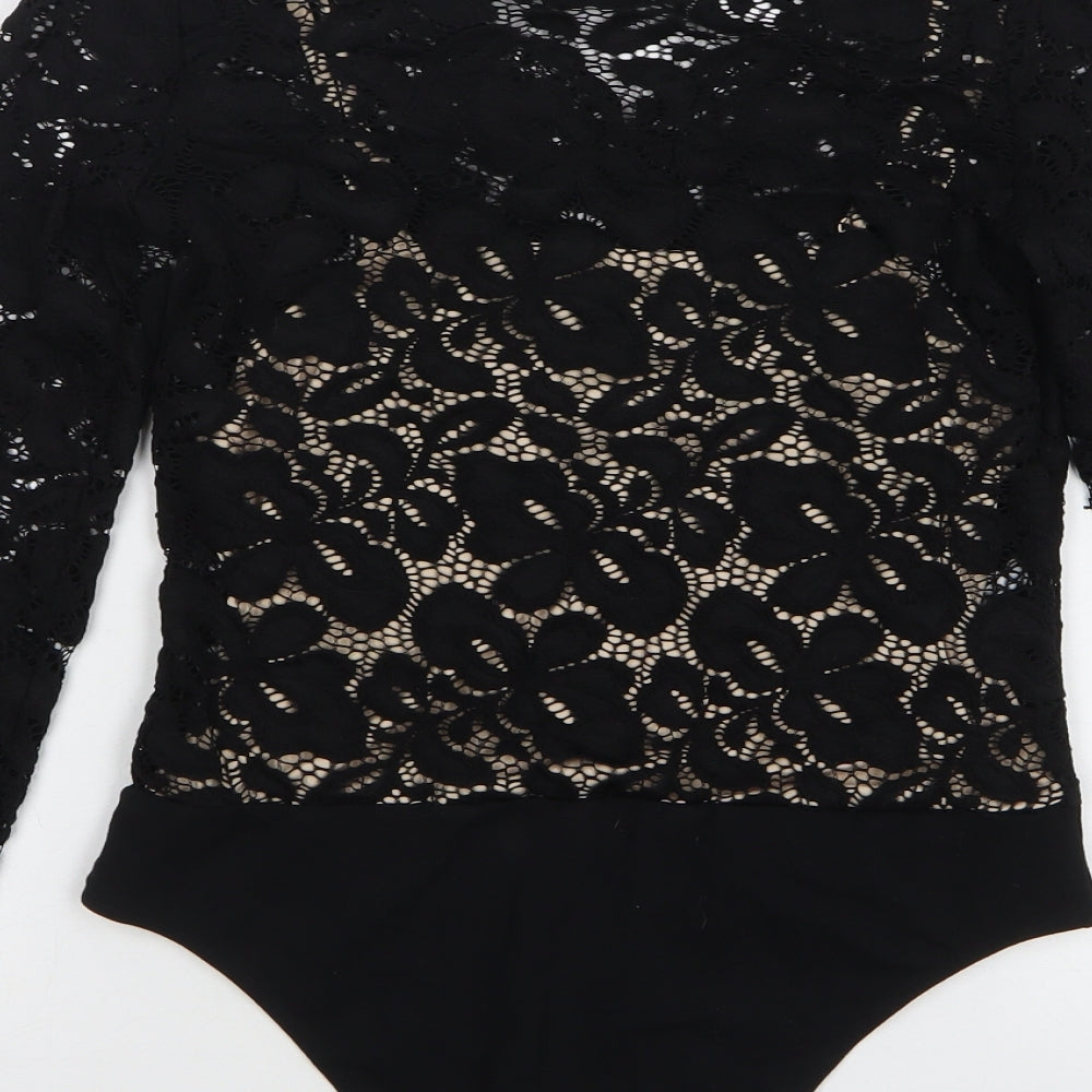 Very Womens Black Floral Polyester Bodysuit One-Piece Size 10