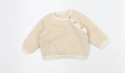 PL:Baby Baby Beige Polyester Pullover Jumper Size 9-12 Months Snap - Woolen Texture
