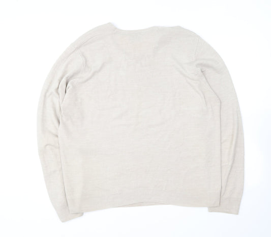 Marks and Spencer Mens Beige V-Neck Acrylic Pullover Jumper Size XL