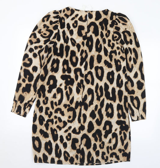 H&M Womens Brown Animal Print Polyester A-Line Size S Round Neck Zip