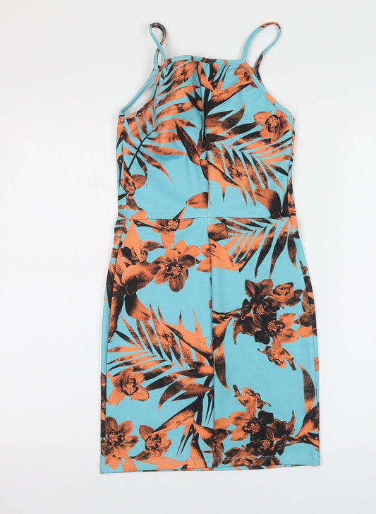 Miss Selfridge Womens Blue Floral Polyester Bodycon Size 8 Halter