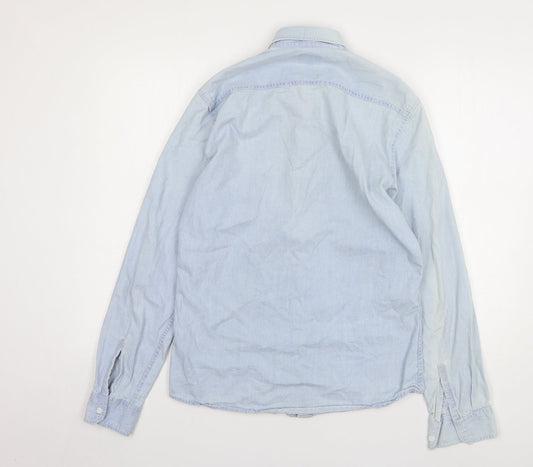 Pull&Bear Mens Blue Cotton Button-Up Size S Collared Button