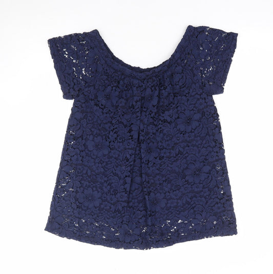 Peacocks Womens Blue Floral Nylon Jersey Blouse Size 10 Off the Shoulder - Bardot