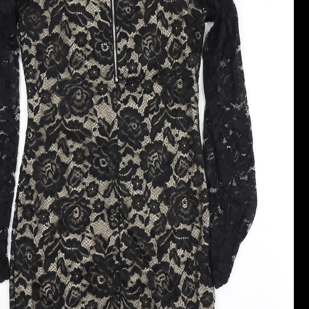 AX Womens Black Floral Polyester Bodycon Size 10 High Neck - Dipped Hem